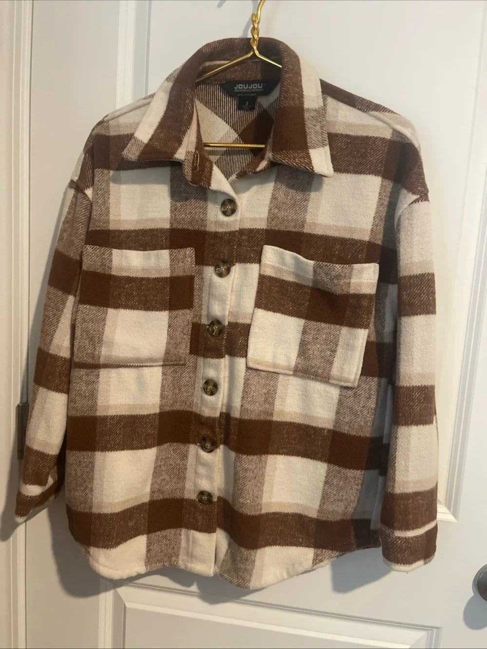 Jou Jou Women’s S Brown & Cream Plaid Button-Front Shacket 21 P-P 28L